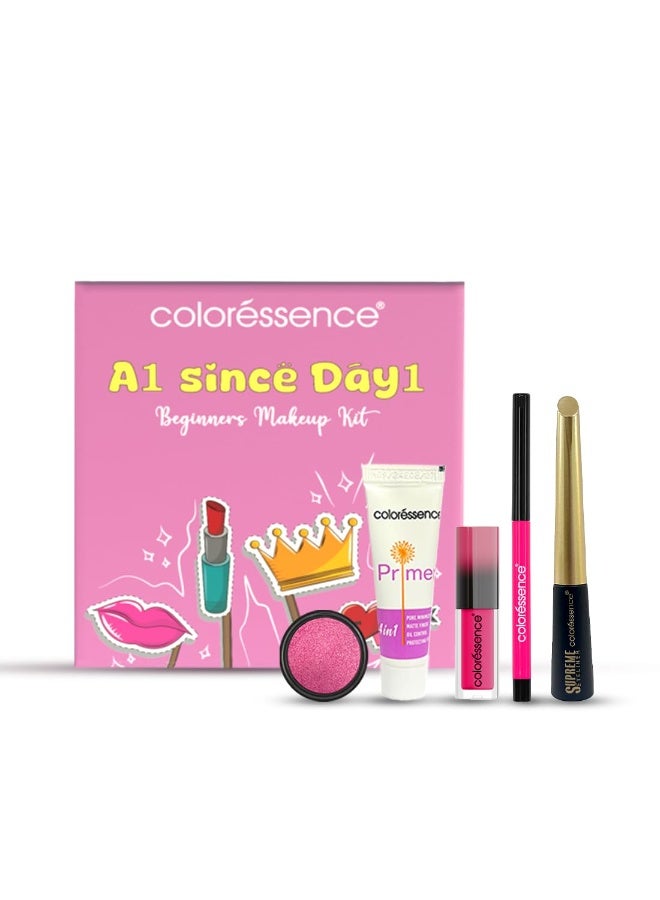 Coloressence A1 Since Day1 Makeup Kit – 4‑in‑1 Primer | Liquid Lip Color | Eye Shadow | Eyeliner & Kajal Pencil – Beginner-Friendly Beauty Kit - Image 1